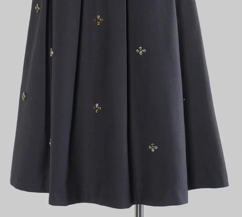 Spring Women French Style Luxury Rhinestone Beading Lady Solid Long Pleated Skirt