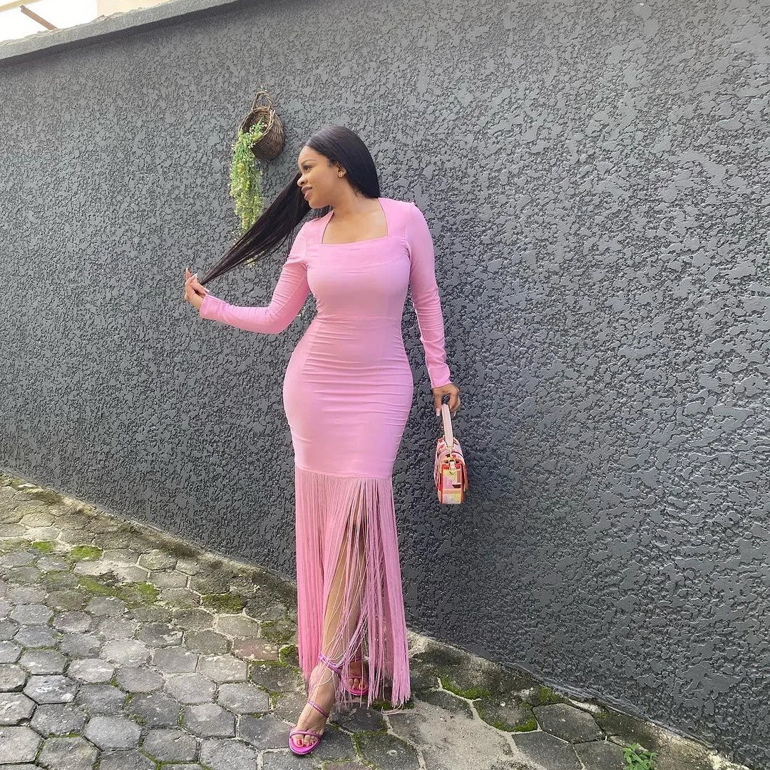 Black Rosered Pink Women Long Sleeve Sexy Square Collar Tassels Bodycon Bandage Long Dress Nightclub Party Celebrate Dress