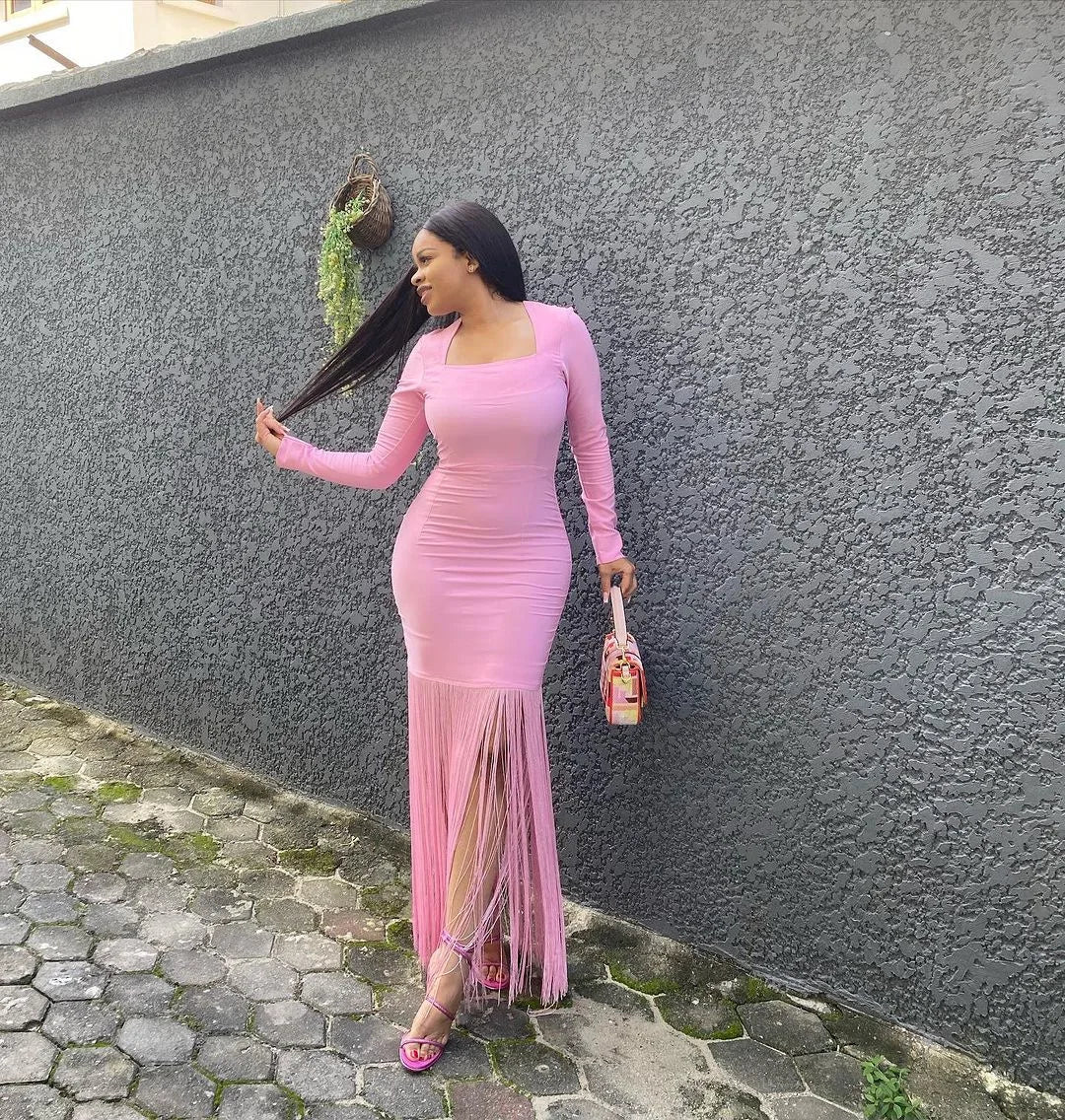 Black Rosered Pink Women Long Sleeve Sexy Square Collar Tassels Bodycon Bandage Long Dress Nightclub Party Celebrate Dress