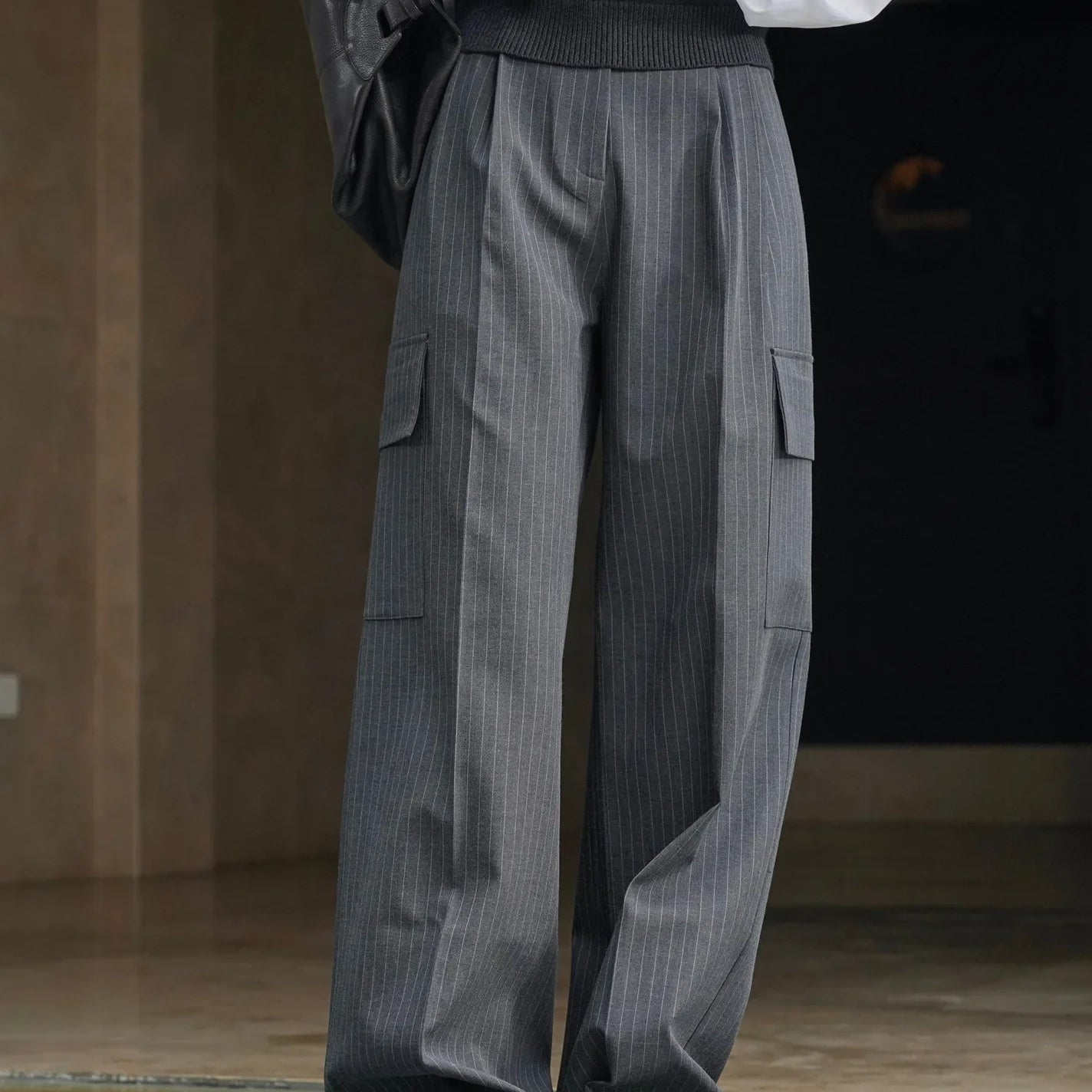 Spring and autumn women's casual striped high waisted loose pants Dark Grey