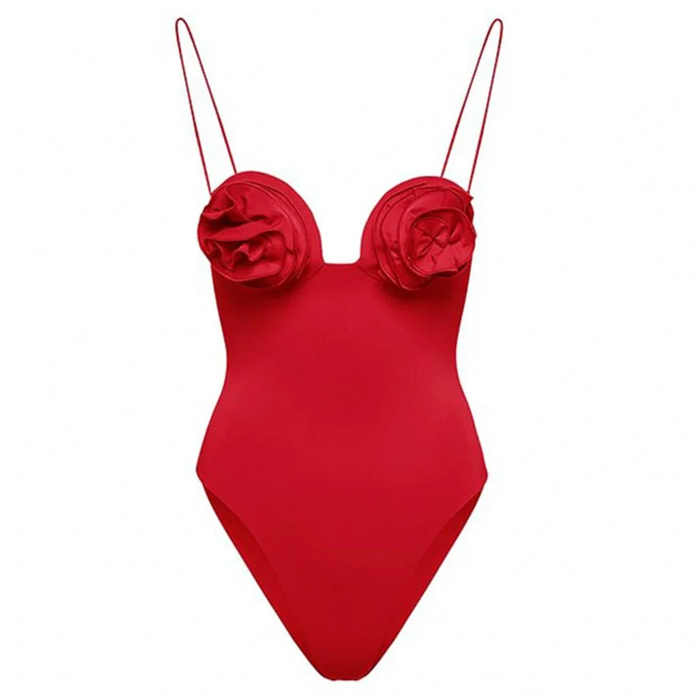 Vintage Color Red Solid Color One-Piece Swimsuit Set Sexy Lingerie For Women Beach Dress Elegance Luxury Slim Fit Style 1