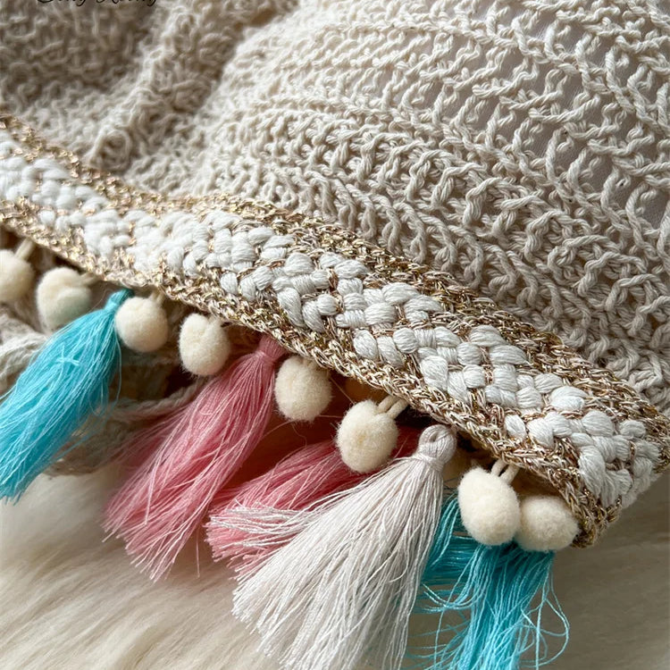 SINGREINY Fashion Knitted Two Piece Sets Halter Tassel Short Sexy Top+Hook Flower Retro Skirt Bohemian Vacation Beach Style Suit