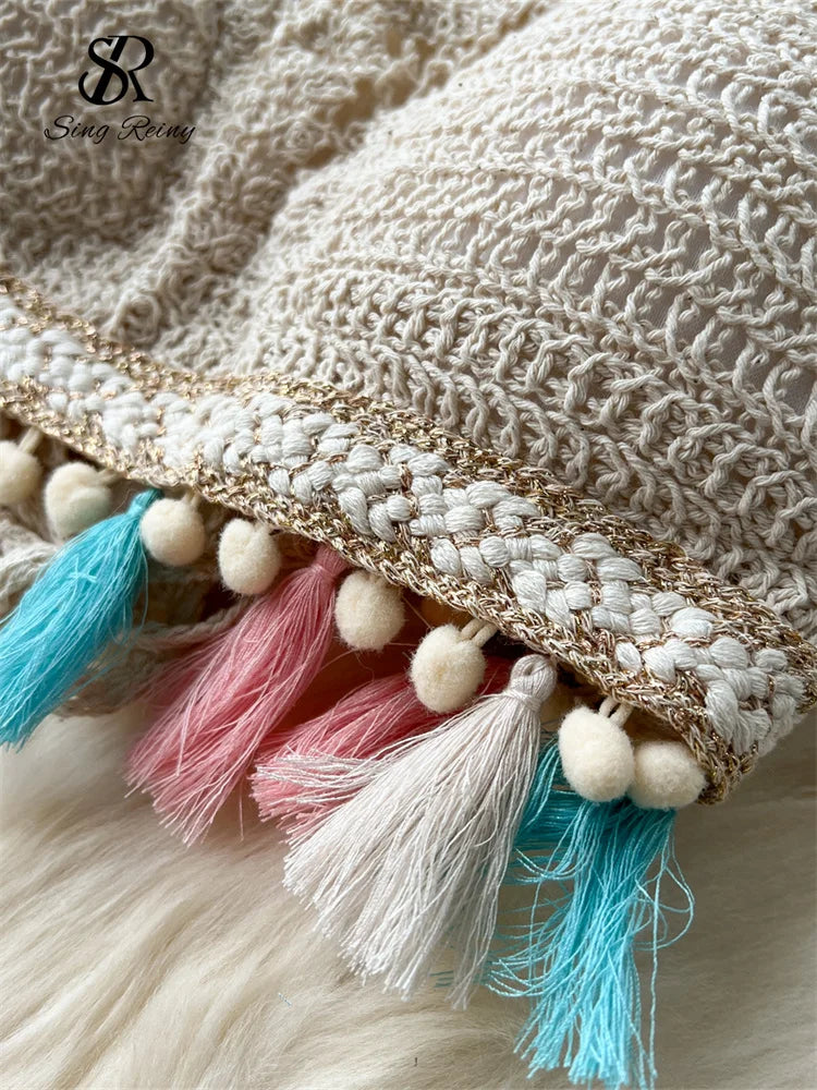 SINGREINY Fashion Knitted Two Piece Sets Halter Tassel Short Sexy Top+Hook Flower Retro Skirt Bohemian Vacation Beach Style Suit