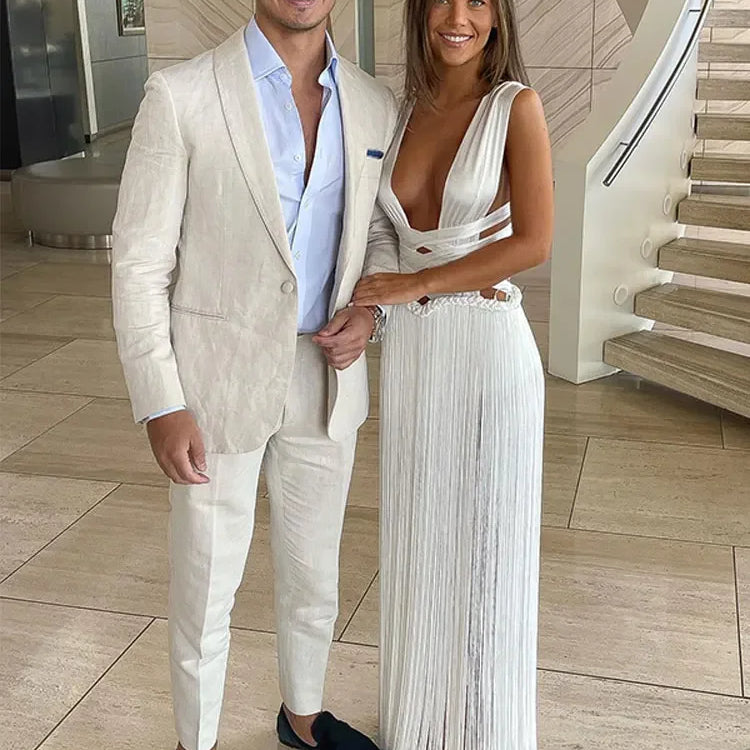 White Bandage Tassel Patchwork Hem Long Dress Women Sexy Off Shoulder Sleeveless Backless Dresses Lady Beach Party Robes