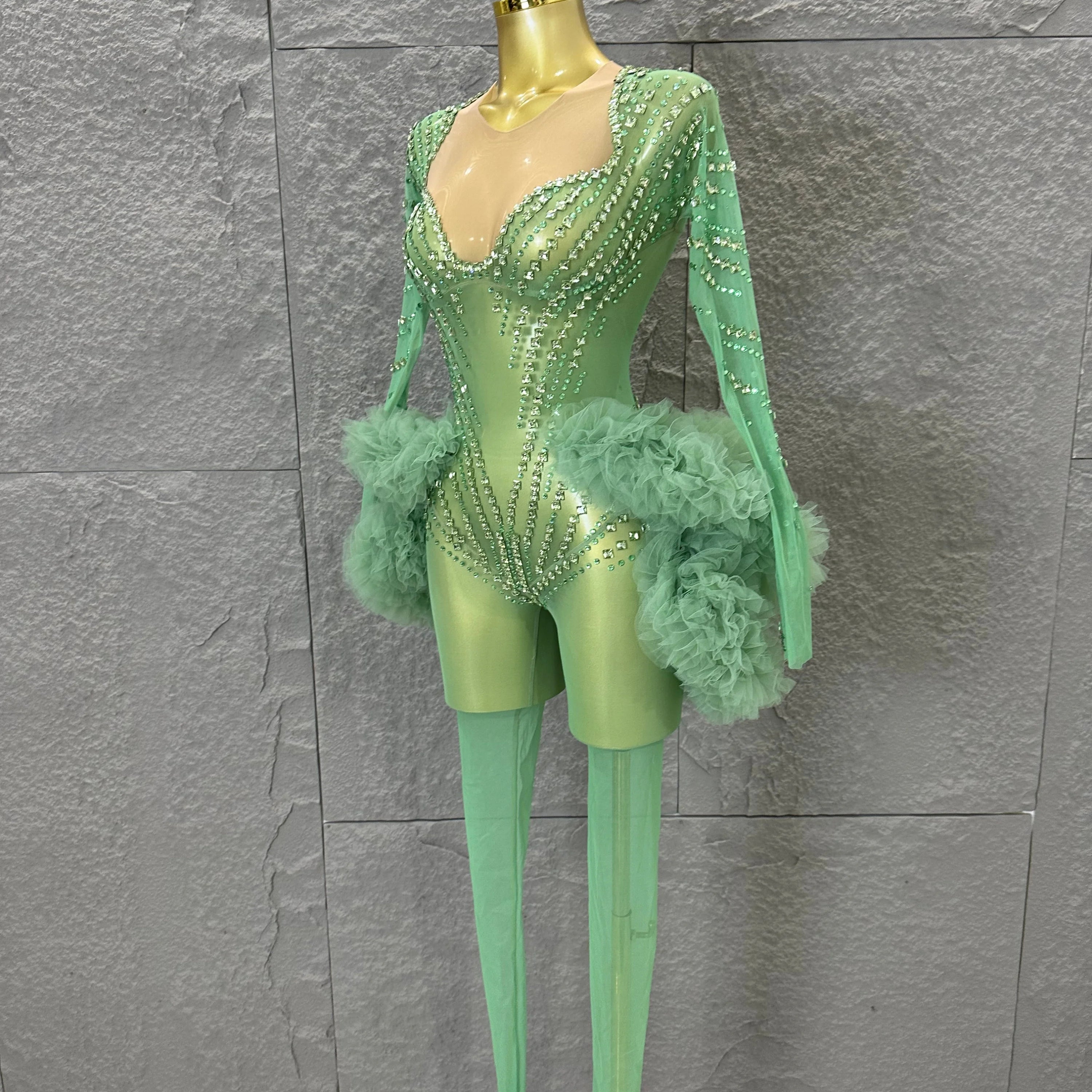 Sparkly Green Long Sleeve Bodysuit Women Stage Performance Sheer Mesh Rhinestone Embellished Ruffle Tulle Latin Dance Costume