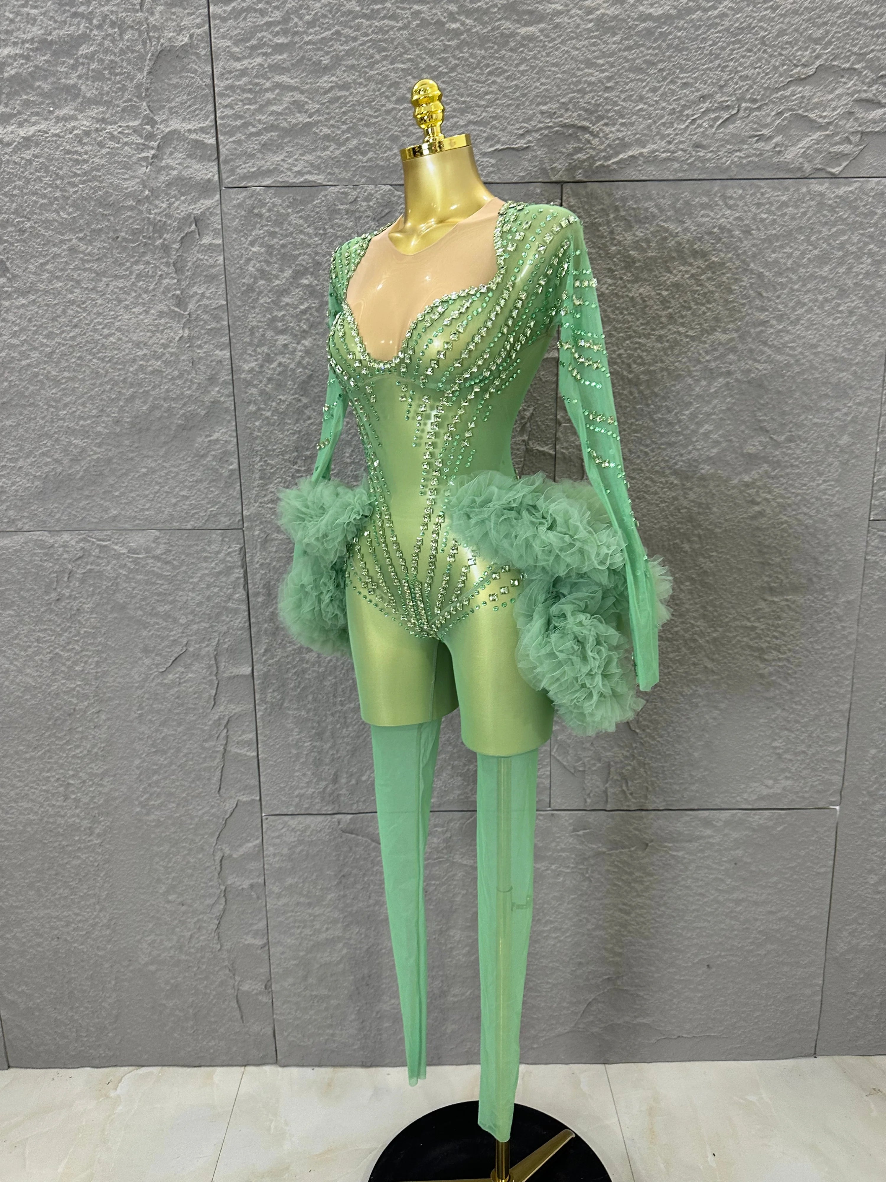 Sparkly Green Long Sleeve Bodysuit Women Stage Performance Sheer Mesh Rhinestone Embellished Ruffle Tulle Latin Dance Costume
