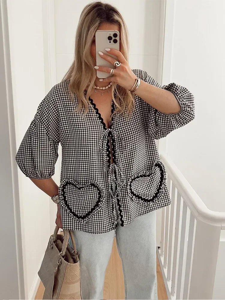 Fashion Plaid Ruffle Lace Up Shirt Women Sweet V Neck Half Puff Sleeve Heart Shaped Pocket Tops Female Loose Lady Street Blouse Black