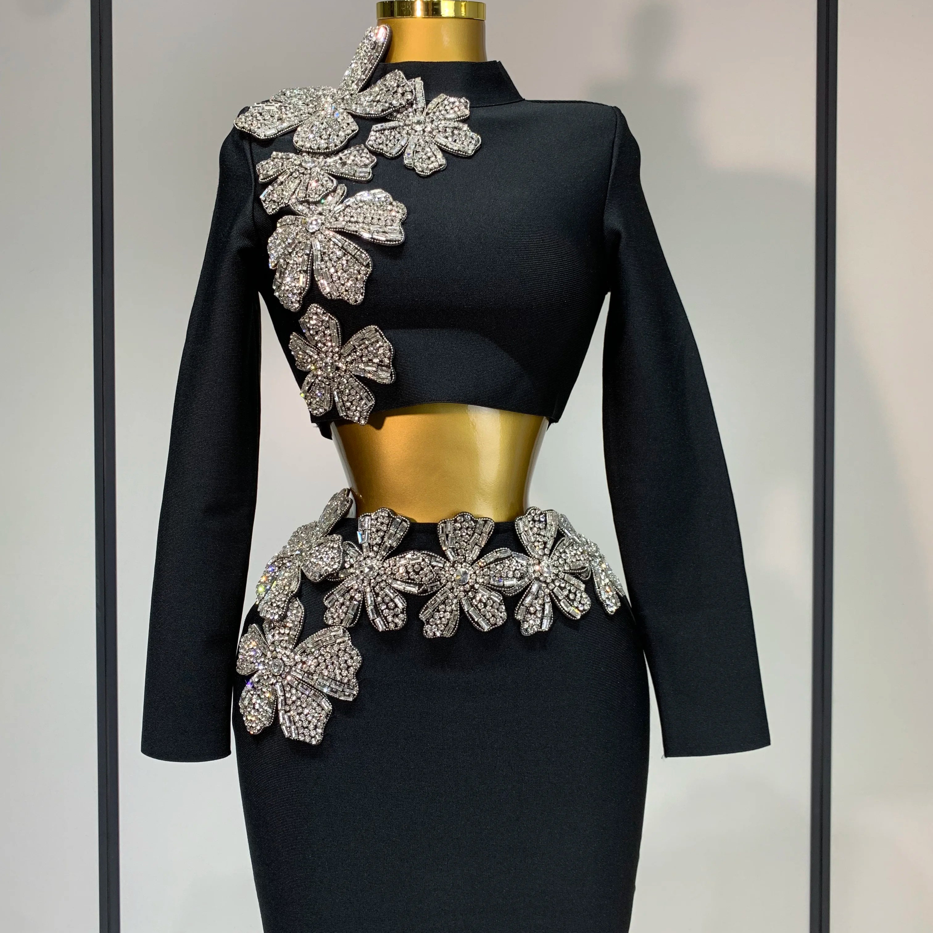 Women Long Sleeves Bandage Two Piece Sets Turtleneck Shiny Diamonds Flower Top Bodycon Mini Skirts Suits Evening Club Party Set black