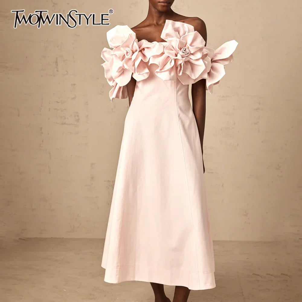 Solid Slimming Elegant Dresses for Women Strapless Off Shoulder Patchwork 3D Flowers Fashion Dress Female Clothing