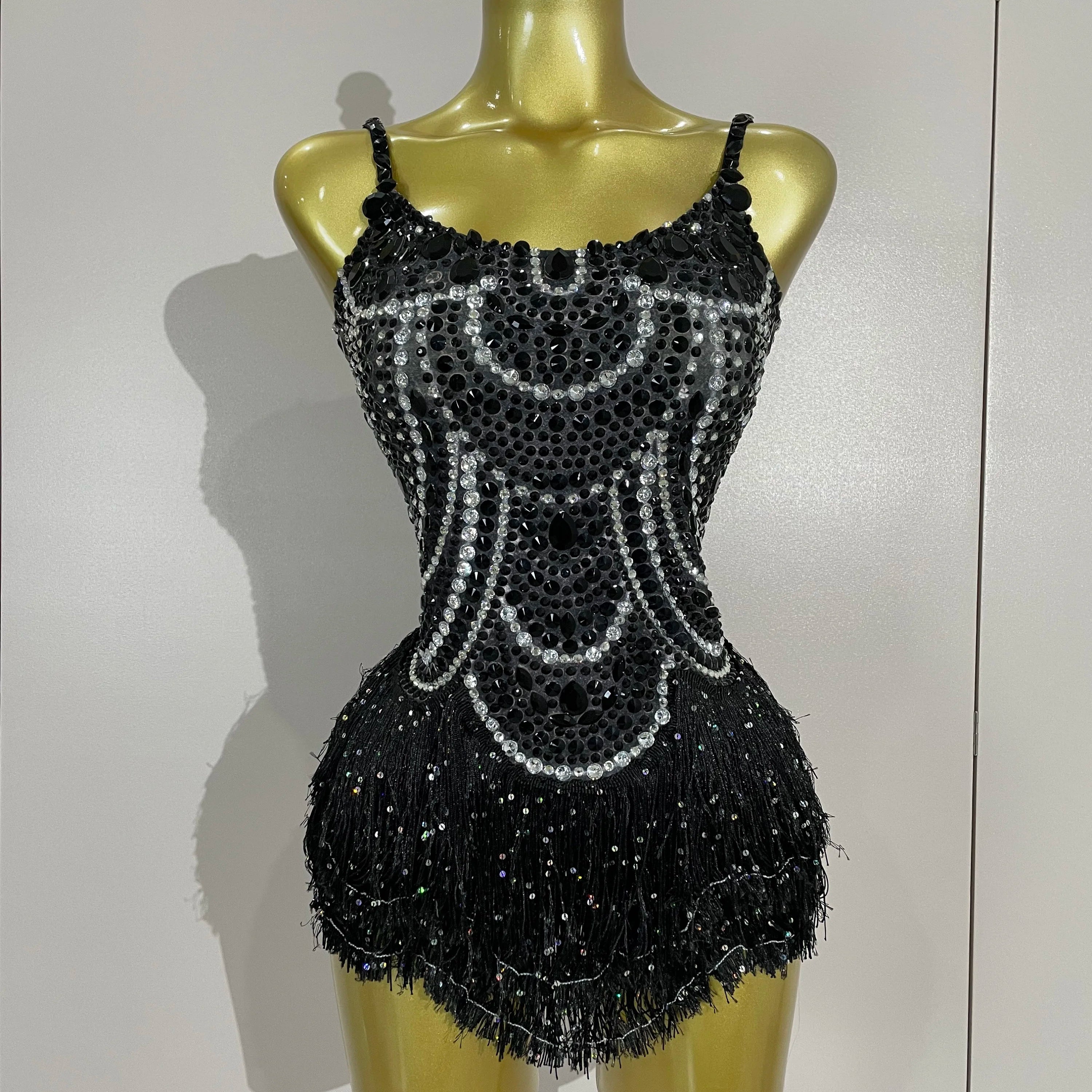 Sparkly Silver Rhinestones Pearl Tassels Bodysuit 2025 New Women Sexy Eveing Birthday Party Nightclub Stage Performance Costume black