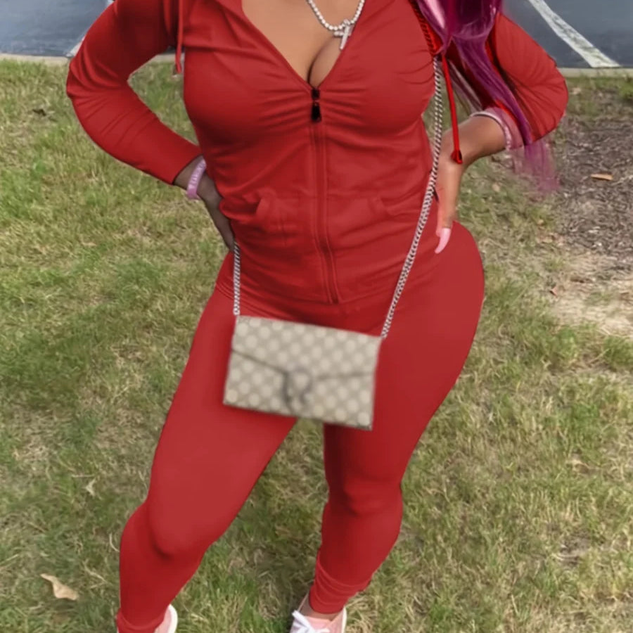 LW Plus Size Autumn Womens Kangaroo Long Sleeve Casual Tracksuit Set Hooded Collar Pocket Design Two Piece Pants Set Outifits Red