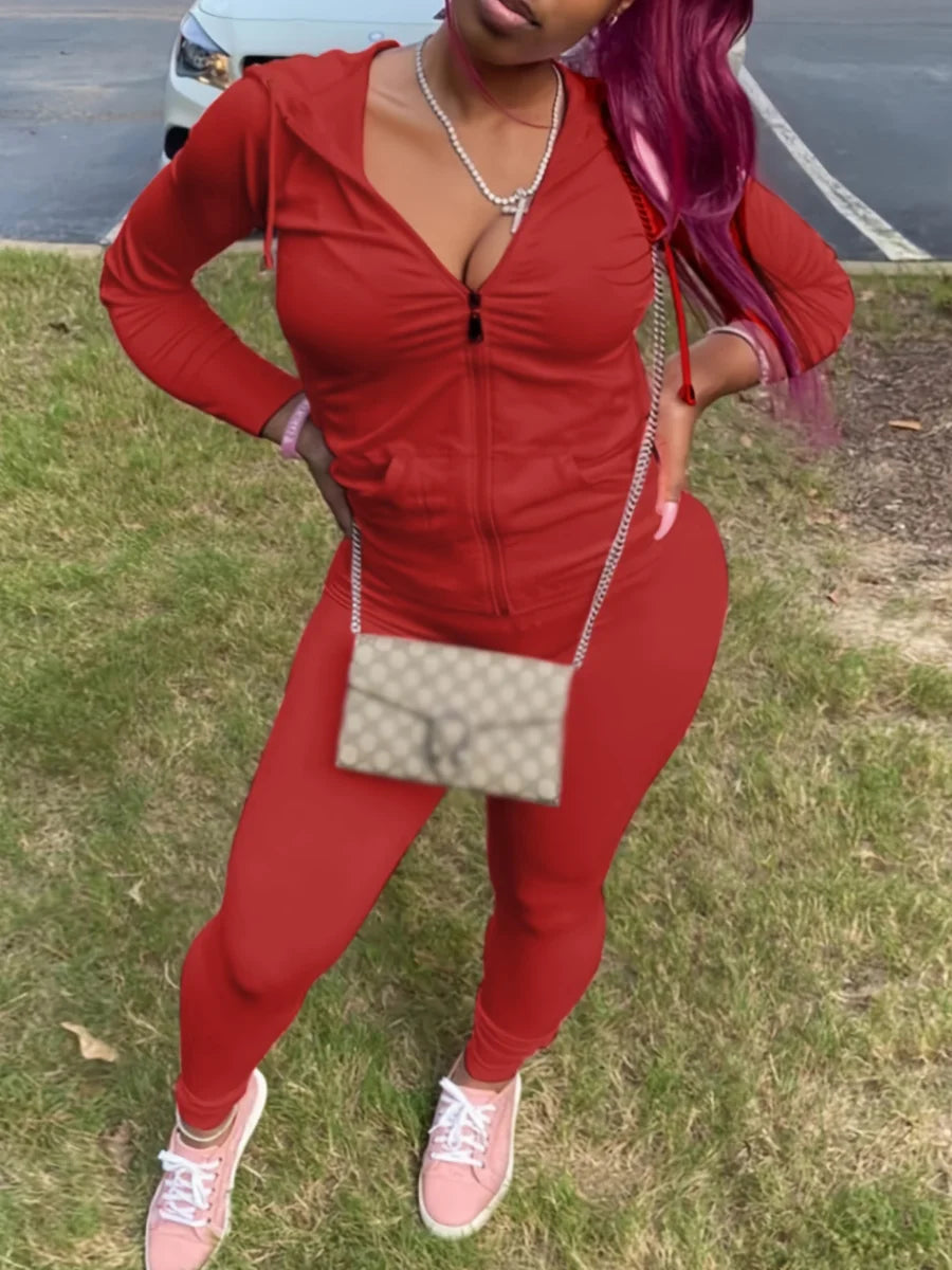 LW Plus Size Autumn Womens Kangaroo Long Sleeve Casual Tracksuit Set Hooded Collar Pocket Design Two Piece Pants Set Outifits Red