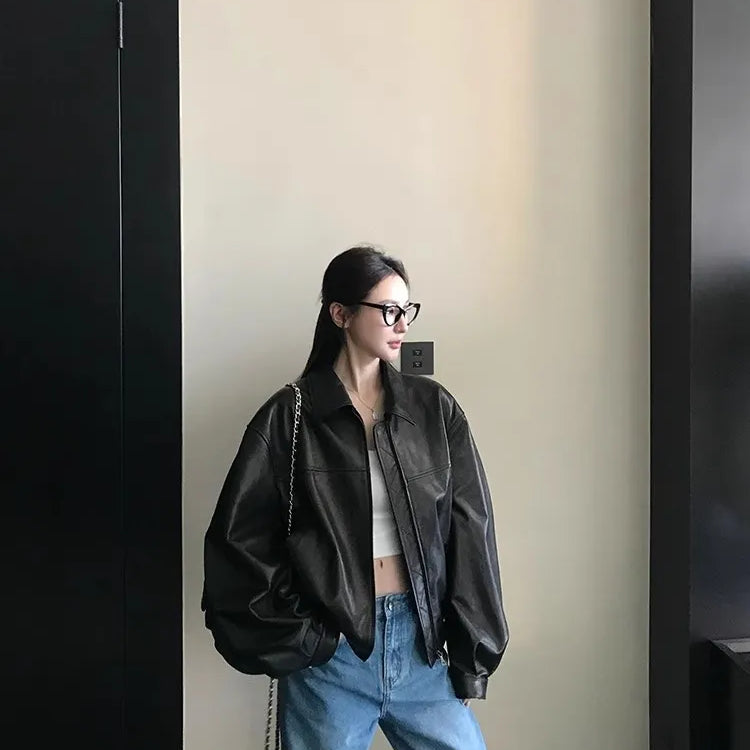 Lautaro Spring Autumn Cool Oversized Faux Suede Leather Jacket Women Turn-down Collar Luxury Designer American Retro Clothing Black