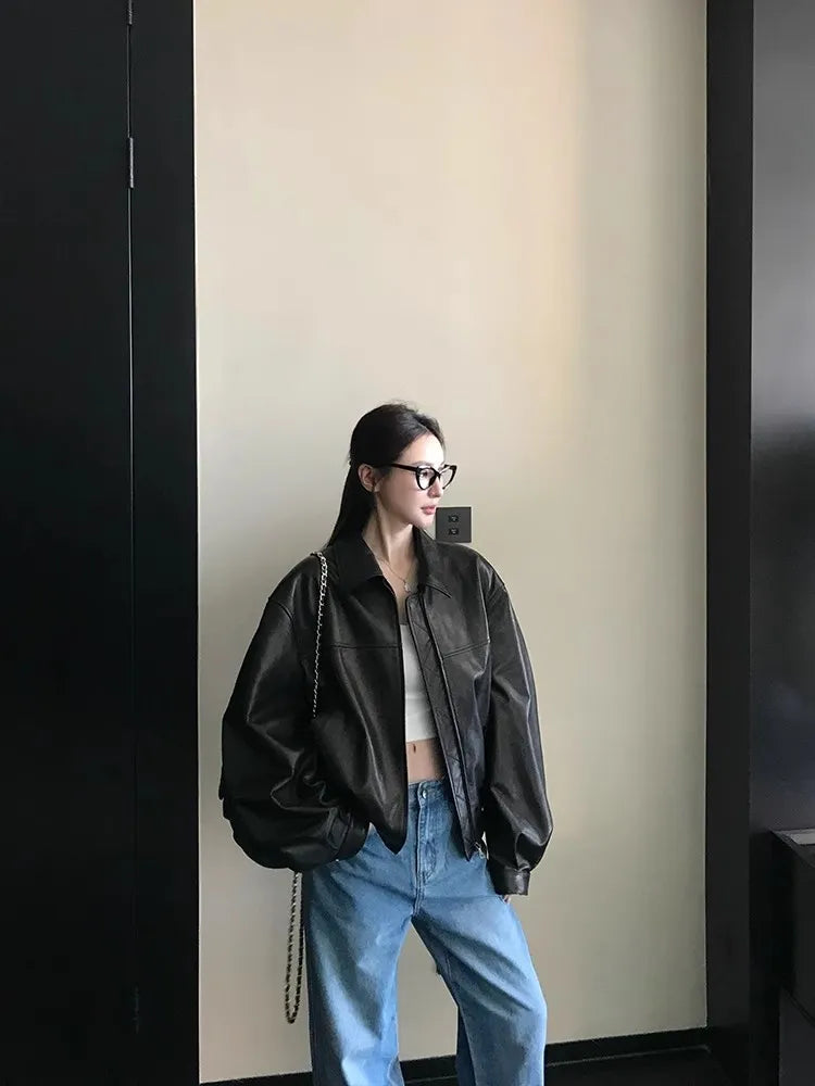 Lautaro Spring Autumn Cool Oversized Faux Suede Leather Jacket Women Turn-down Collar Luxury Designer American Retro Clothing Black