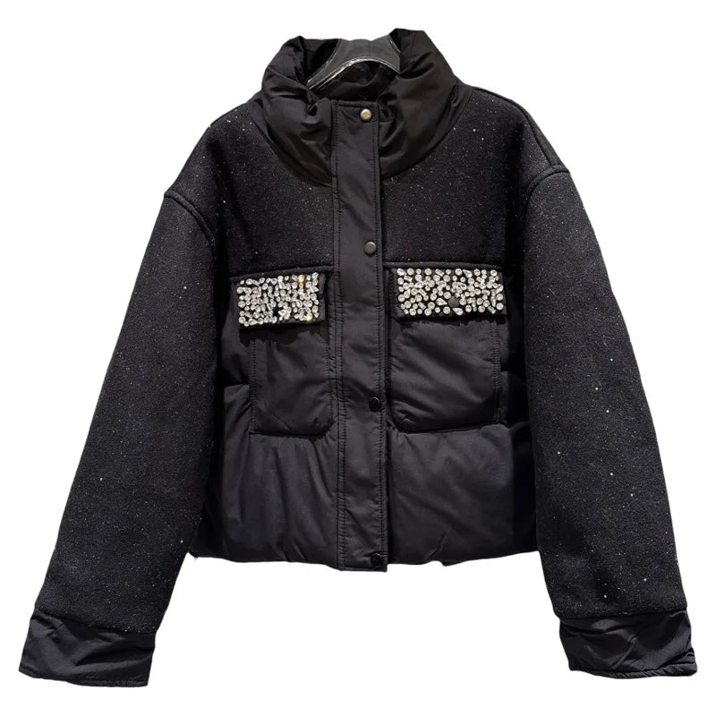 Winter New Fashion Patchwork Shiny Fabric Beaded Pocket Warm Jacket For Women Versatile Cotton-padded Coat 11A07930
