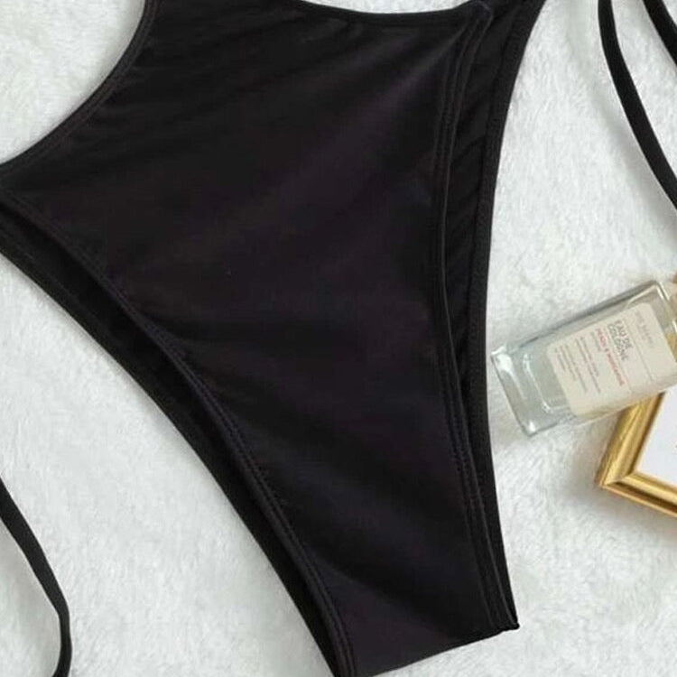 Sexy Black Strapped Swimwear - High Cut Push UP One Piece Swimsuit Monokini Backless Hollow Bathing Suit