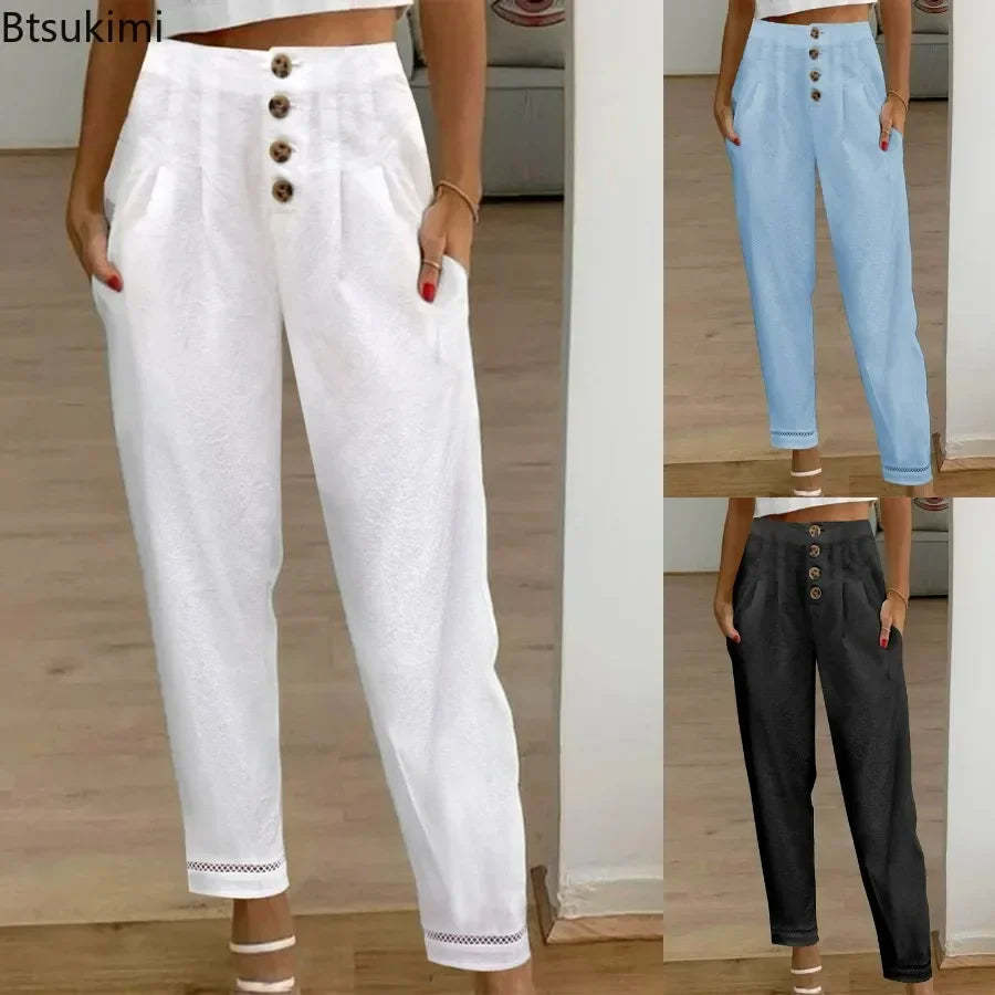 Women's Casual White Pants High Waist Button Slim Solid Pockets Pencil Pants Female Soft Breathable Women Trousers Joggers