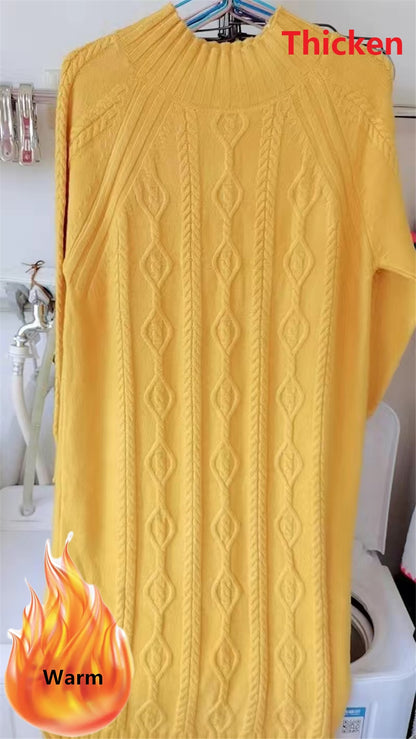 Robe pull mi-longue en velours épais pour femme, col montant, en tricot côtelé, élégante et chaude, avec manteaux, hiver 