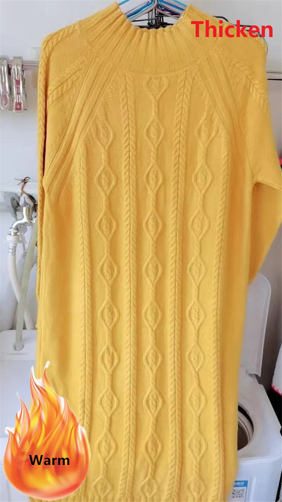 Winter Thicken Plus Velvet Sweater Dress Women's Fall Mock Neck Rib Knit Bottoming Dresses Elegant Warm Vestido Midi With Coats Thicken yellow