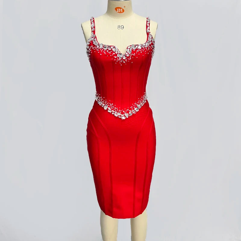 Black Red Color Women Sleeveless Sexy V-Neck Bodycon Mini Bandage Dress Crystal Celebrate Nightclub Party Birthday Dress Red