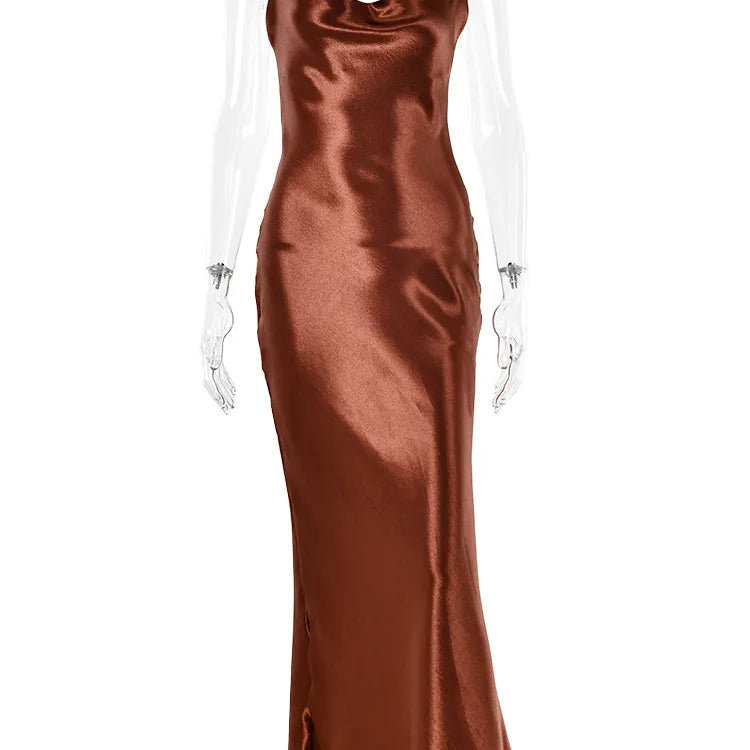 JULISSA MO Sexy Spaghetti Strap Backless Summer Dress Women Satin Lace Up Trumpet Long Dress Elegant Bodycon Party Dresses 2021 brown