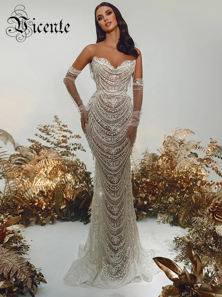 Women'S Evening Dress Luxury Pearl Chain Eelgant Mermaid Maxi Long Gown With Gloves Celebrity Party Vestidos