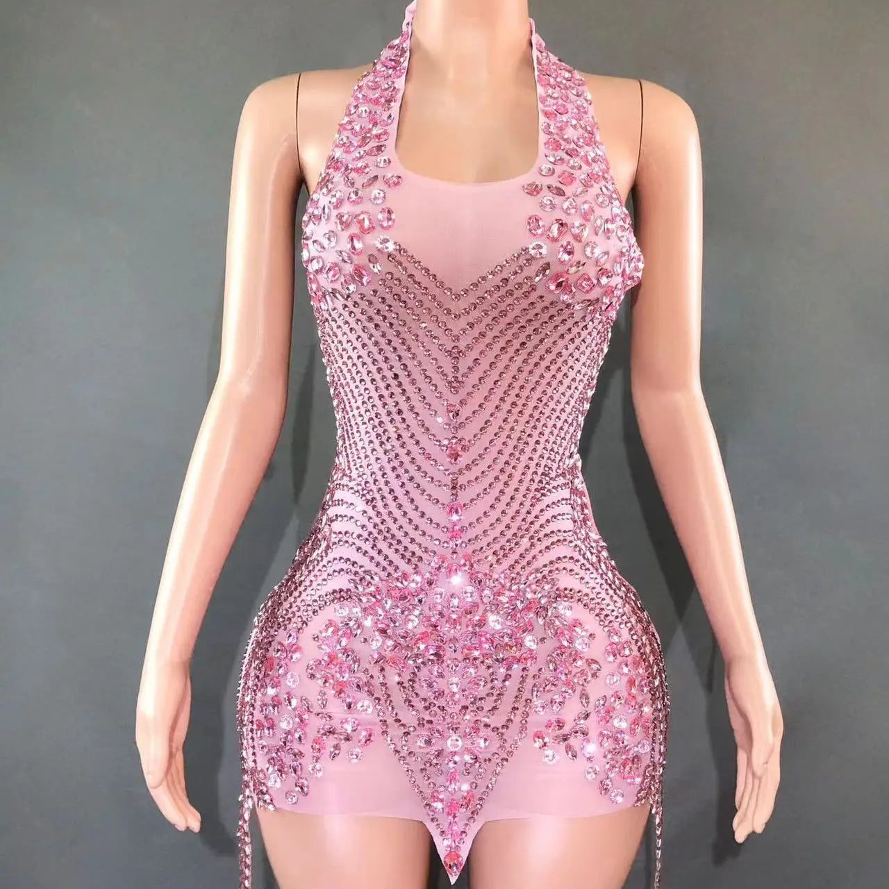 Sparkly Rhinestones Evening Prom Celebrate Birthday Dress Sexy Halter Backless Mesh Velvet Short Dress Performance Stage Wear Pink