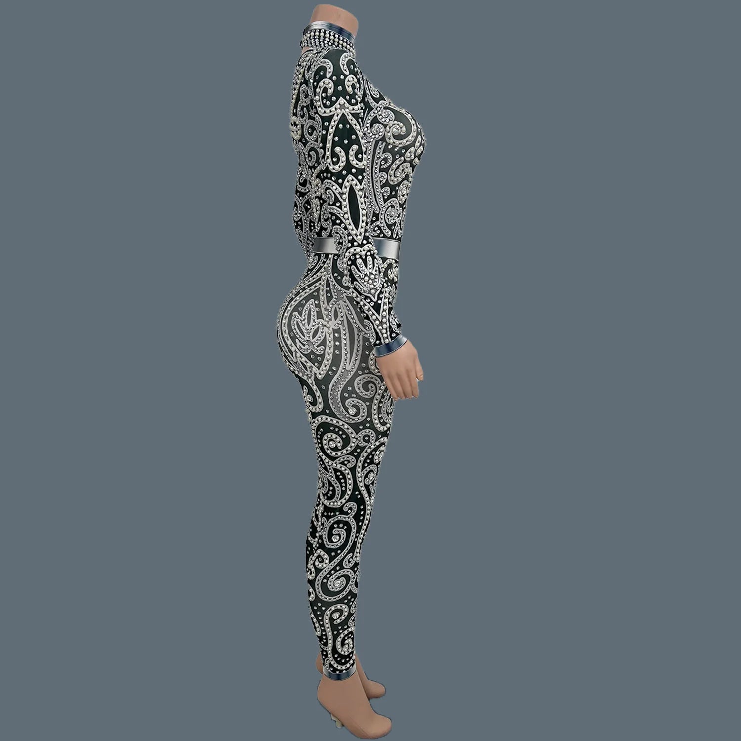 Classic Rhinestones Pearls Spandex Jumpsuit Women Nightclub Party Elastic Sexy Bodysuit Showgirl Performance Stage Wear Quanquan