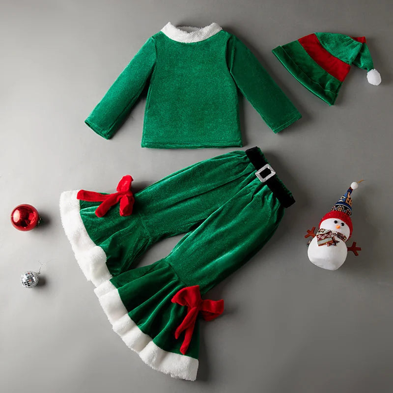 Toddler Christmas Sets Boys Girls Santa Claus Costume Suit Kids Top+Pants+Hat 3Psc Party Clothes Baby Cute Xmas Outfit 1-12yrs Green