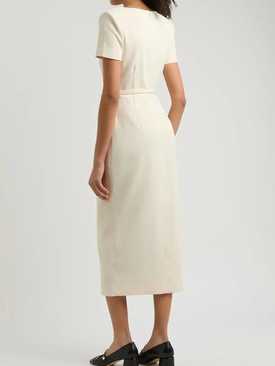 Solid Slimming Spliced Single Breasted Elegant Dresses for Women Square Neck Short Sleeves Split Dress Female New