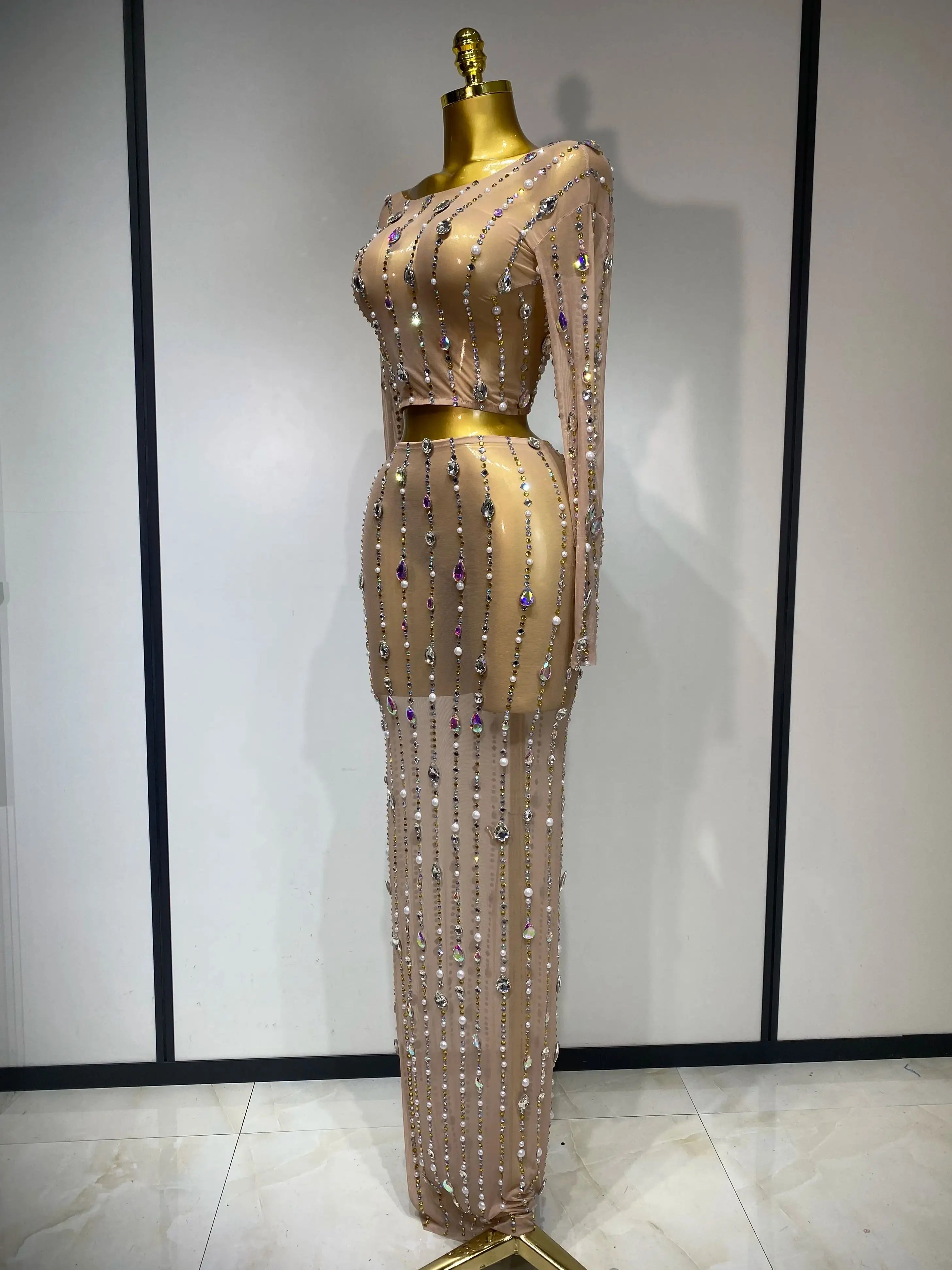 Women Sparkly Rhinestones Top Long Skirt Two Pieces Set Singer Dancer Nightclub Stage Performance Costume Luxury Birthday Dress