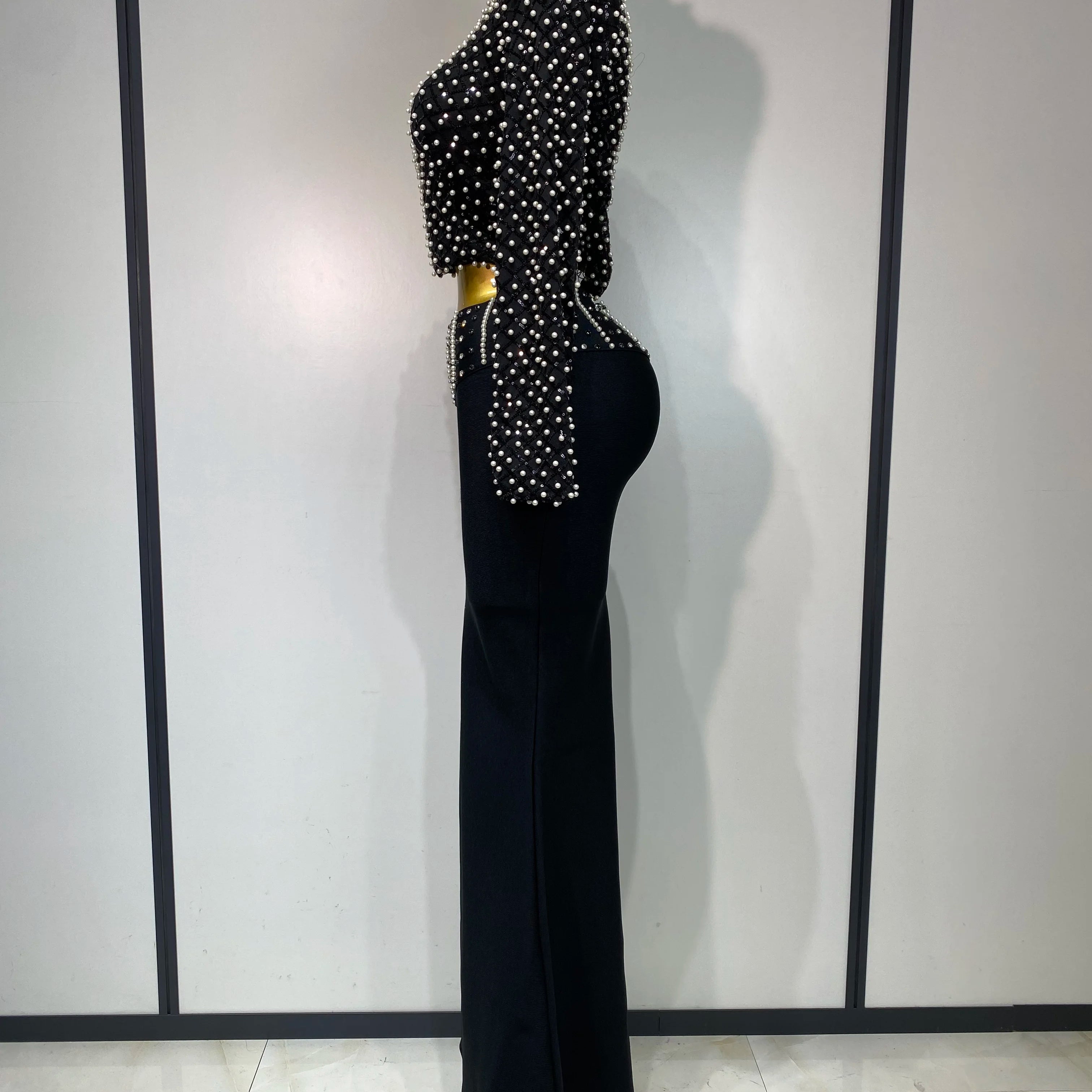 Women Long Sleeve Black Mesh Studded Dianonds Crystal Pearl Two Pieces Bandage Set Celebrity Sexy Evening Party Birthday Gown
