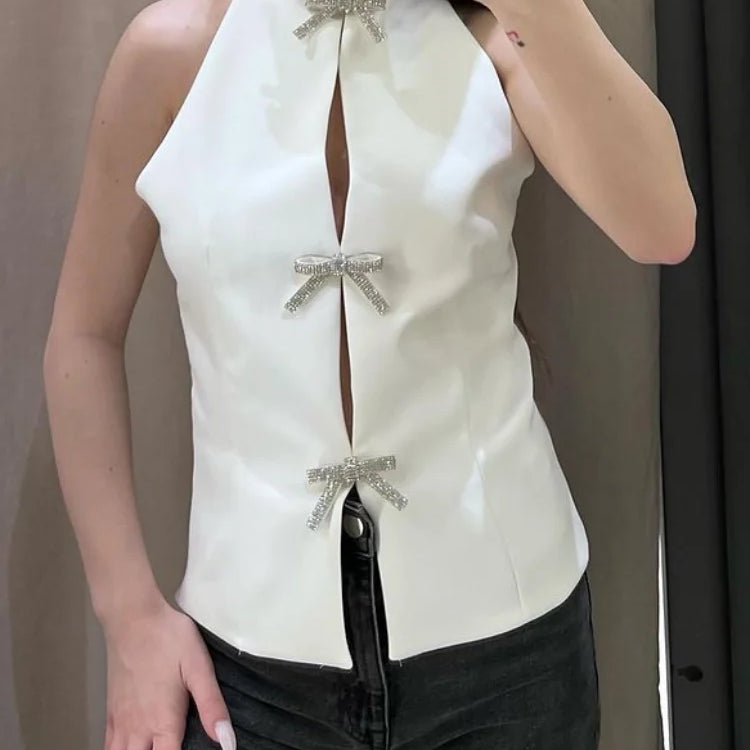 Elegant Rhinestones Bow Halter Vest Women Sleeveless Backless Hollow Out Lace Up Female Tops Summer Fashion Lady Sling Top