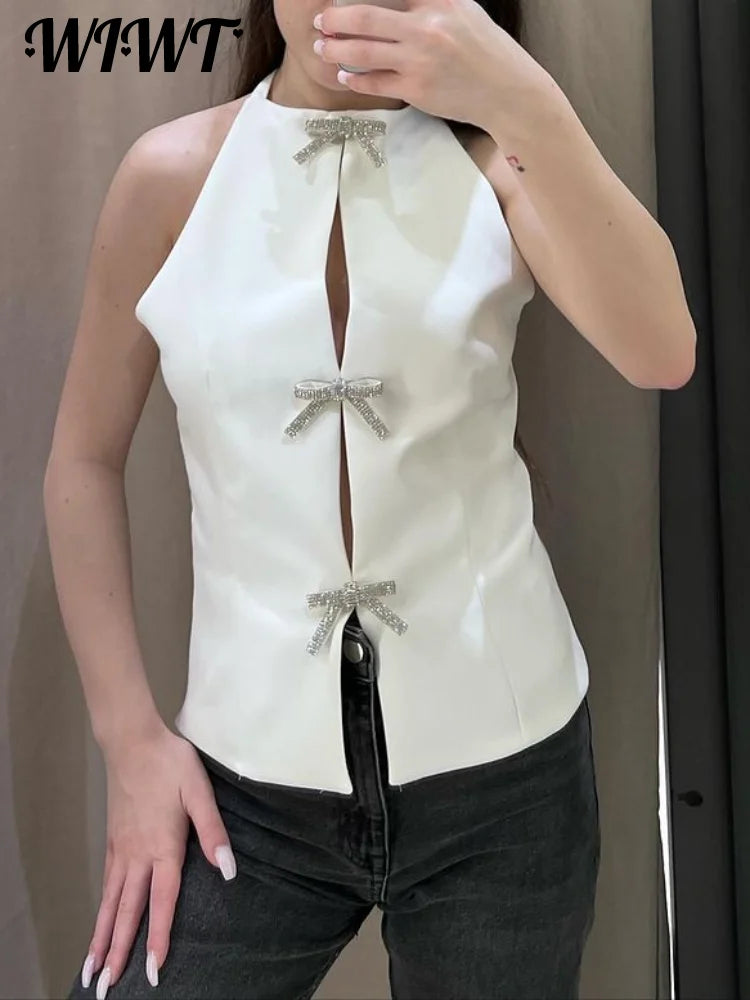 Elegant Rhinestones Bow Halter Vest Women Sleeveless Backless Hollow Out Lace Up Female Tops Summer Fashion Lady Sling Top