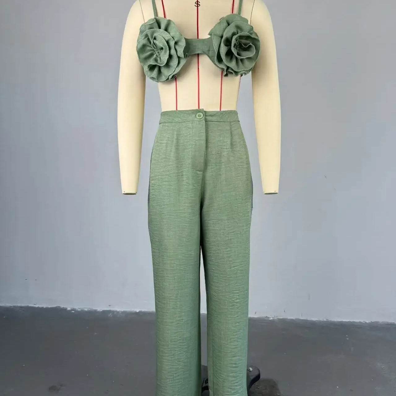 Streetwear Women's Set Sleeveless 3D Flower Crop Bra Top+Wide Leg Pants Elegant beach holiday Two 2 Piece Set Outfits