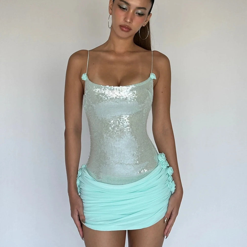 2025 New Stereoscopic Flowers Sequin Patchwork Sling Short Evening Dress Sweet Woman Birthday Party Dress Performance Costume