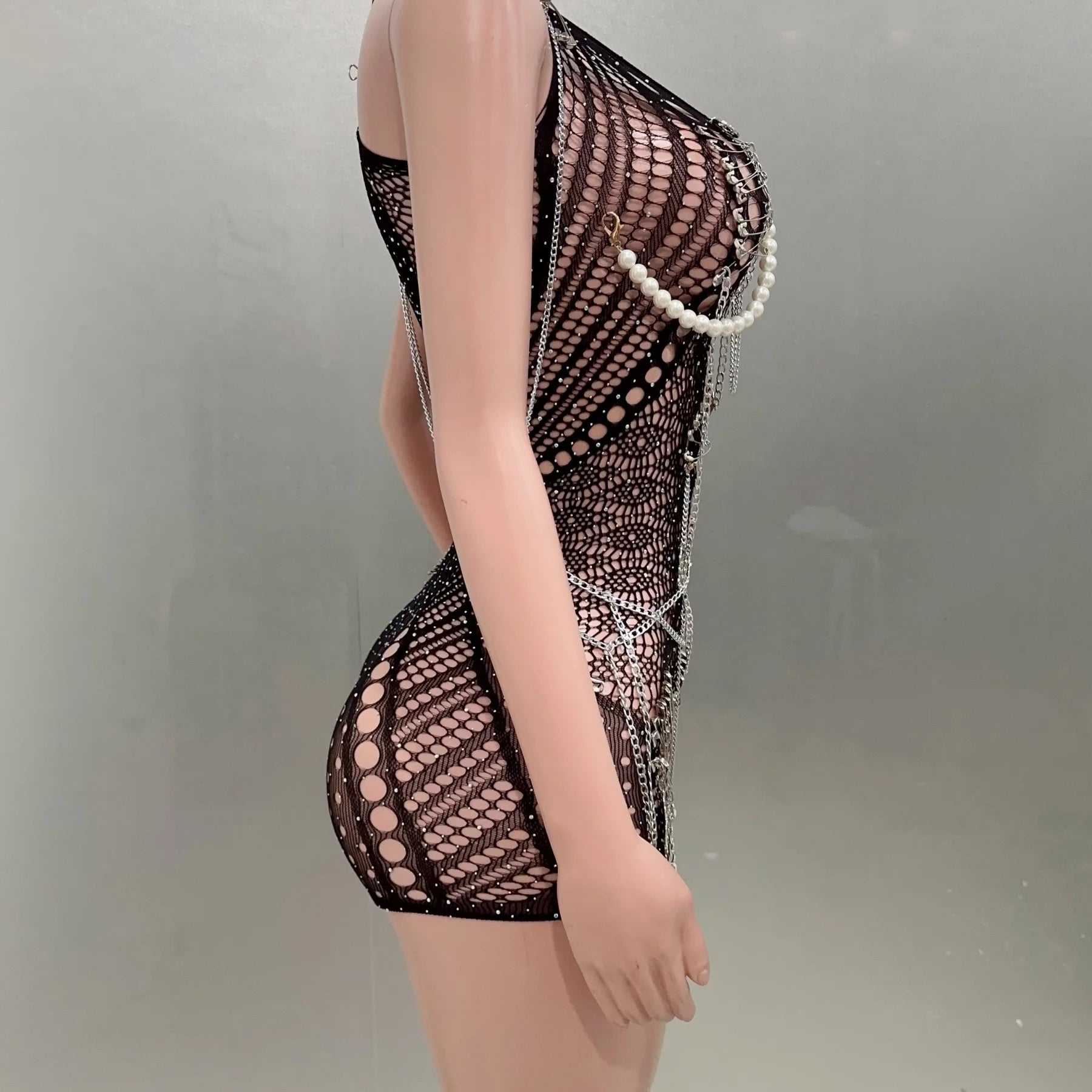 Celebrity Fashion Nightclub Party Birthday Wear Women Sexy Mesh See Through Bodycon Beading Playsuit Performance Costume
