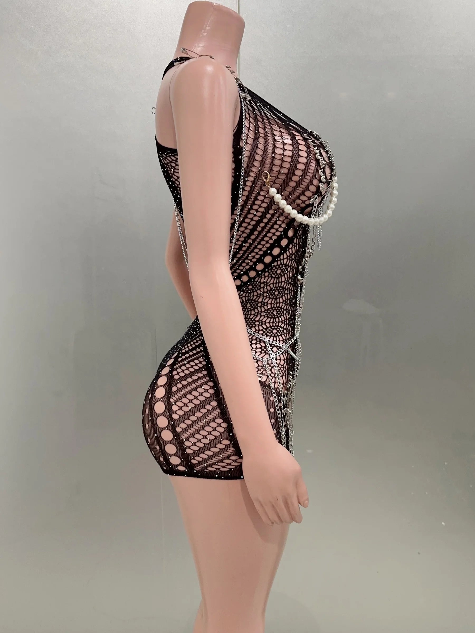 Celebrity Fashion Nightclub Party Birthday Wear Women Sexy Mesh See Through Bodycon Beading Playsuit Performance Costume