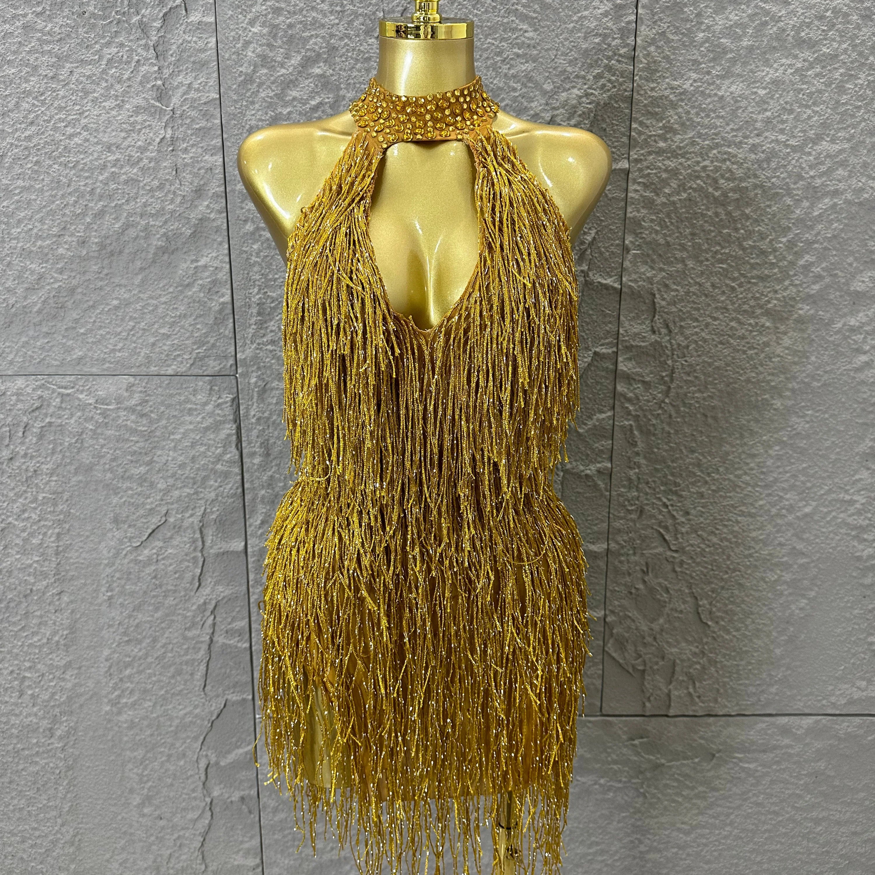 Luxury Gold Halter Neck Mini Dress Women Sexy Crystal Embellished Fringe Trim Form-Fitting Outfit Formal Event Party Costume Gold