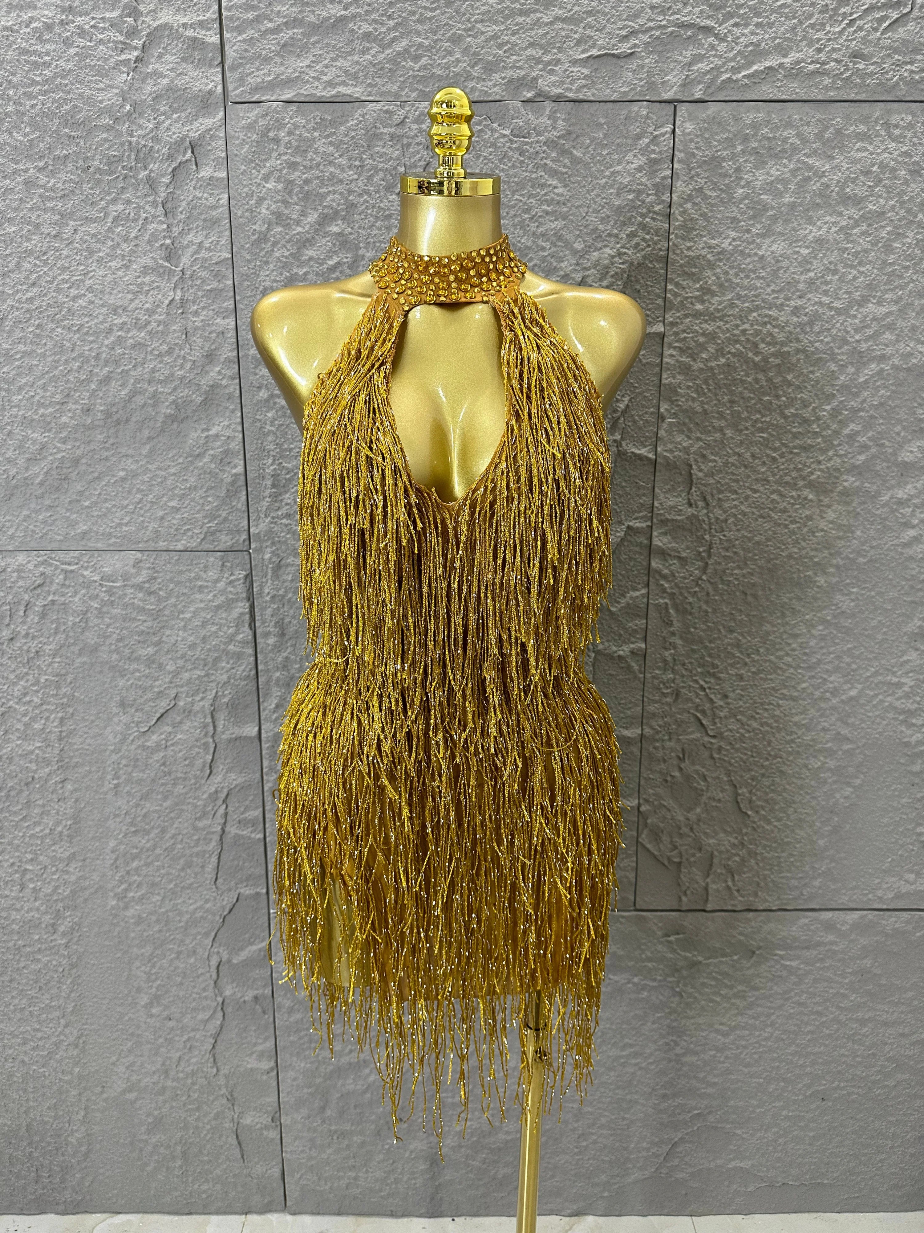Luxury Gold Halter Neck Mini Dress Women Sexy Crystal Embellished Fringe Trim Form-Fitting Outfit Formal Event Party Costume Gold