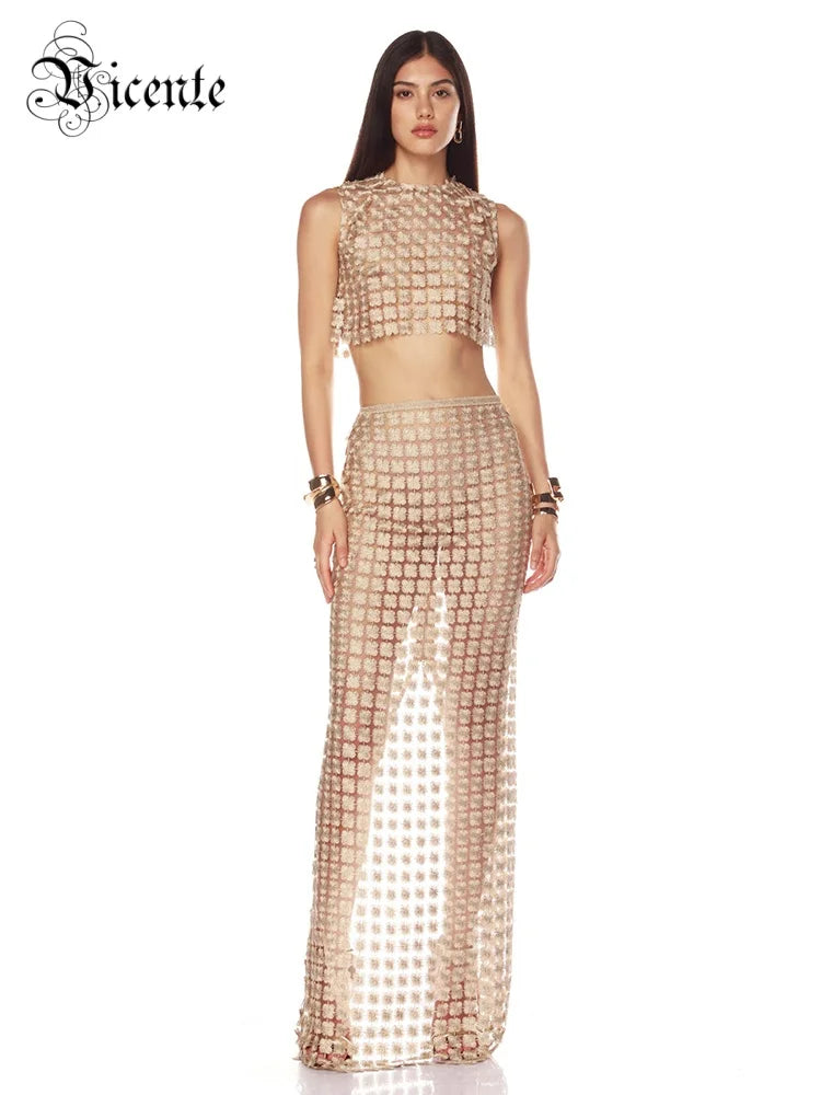 Stylish Beige Sleeveless Cropped Top & Sheer Skirt Set with Zipper for Festival & Party Chic Dress Gown