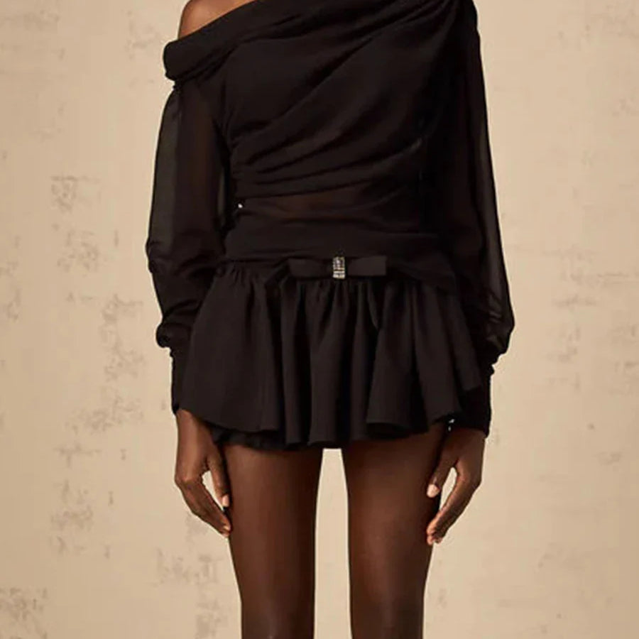 Solid Loose Two Piece Sets for Women Diagonal Neck Long Sleeves Spliced Bow Top Patchwork Ruffles Skirt Female New