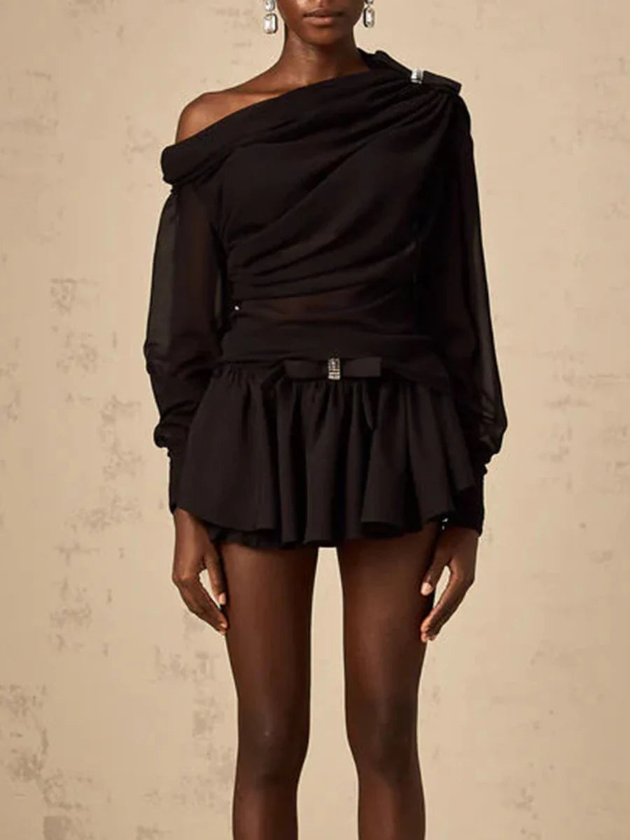 Solid Loose Two Piece Sets for Women Diagonal Neck Long Sleeves Spliced Bow Top Patchwork Ruffles Skirt Female New