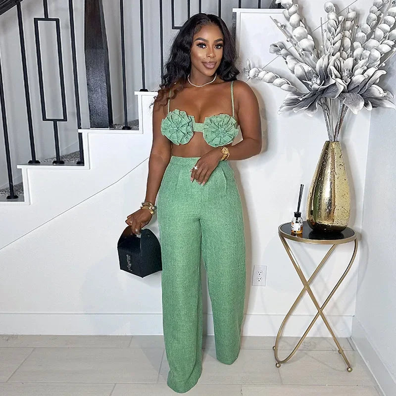 Streetwear Women's Set Sleeveless 3D Flower Crop Bra Top+Wide Leg Pants Elegant beach holiday Two 2 Piece Set Outfits Green