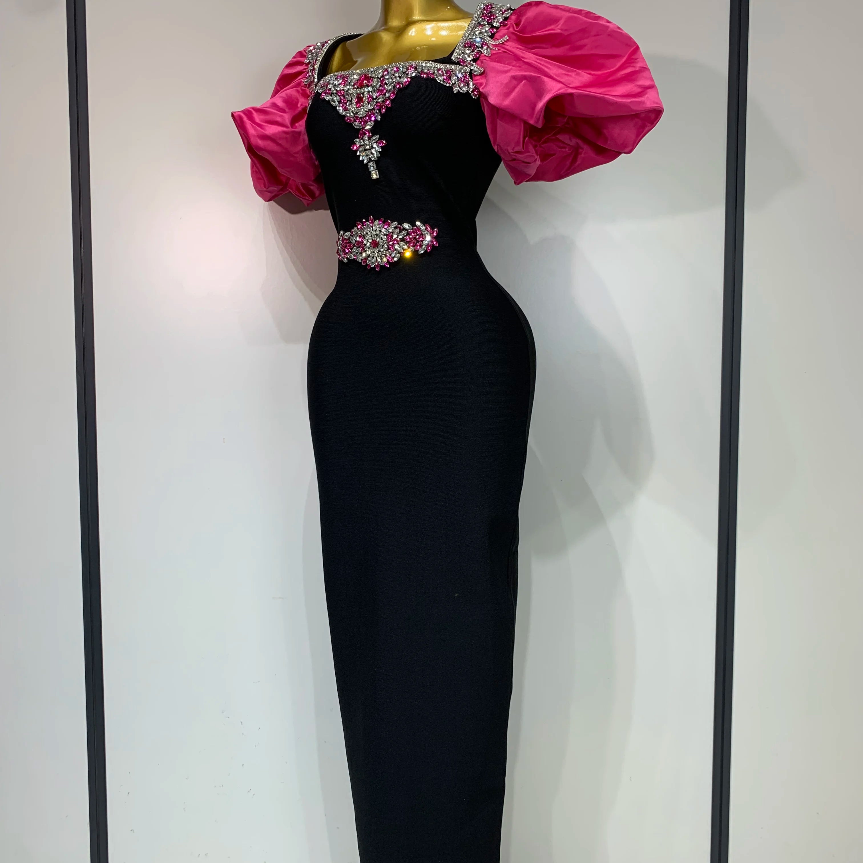 Women Sexy Puff Sleeve Square Collar Shinning Crystal Bodycon Long Bandage Dress Celebrate Evening Party Luxury Birthday Dress