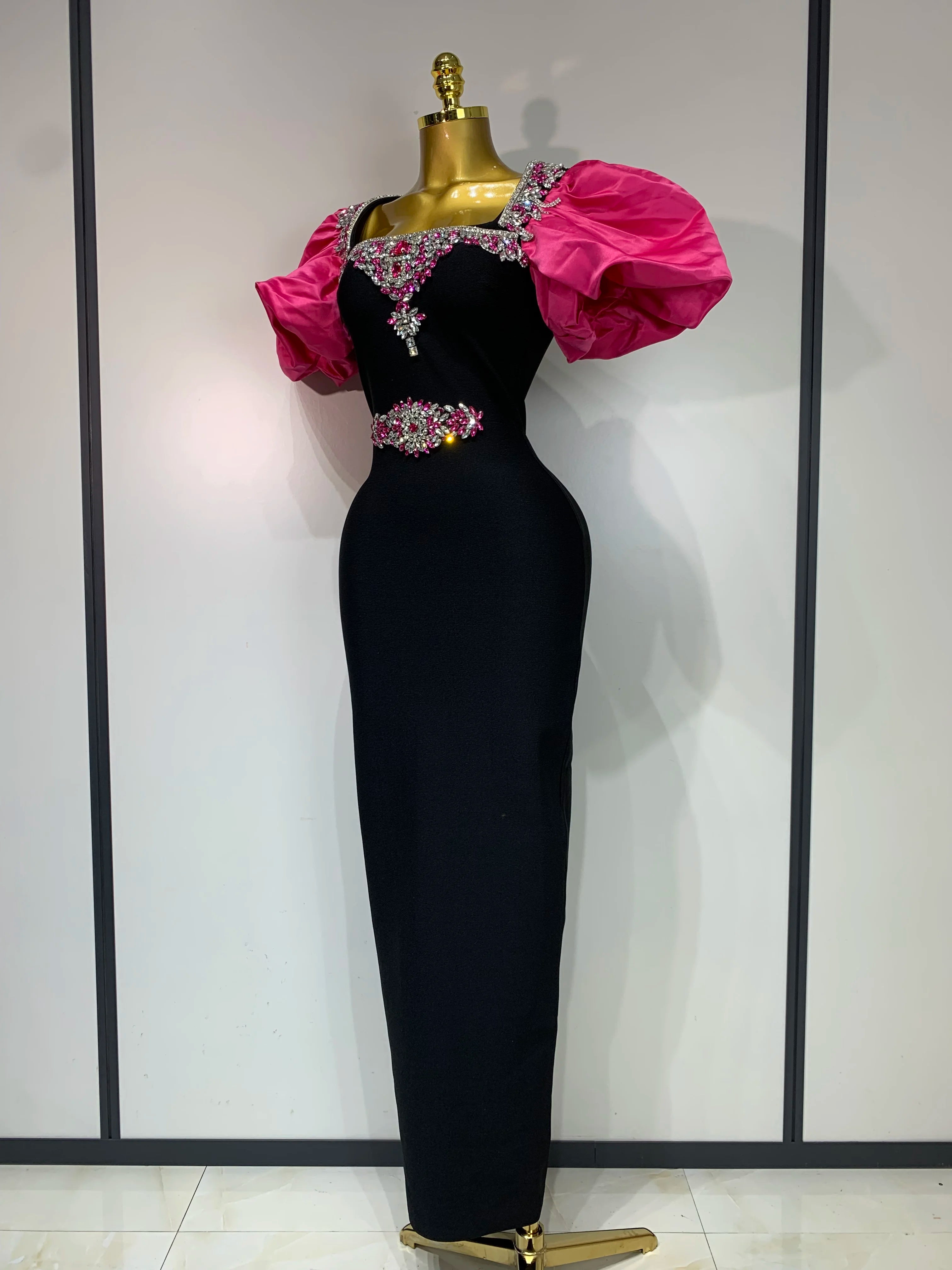 Women Sexy Puff Sleeve Square Collar Shinning Crystal Bodycon Long Bandage Dress Celebrate Evening Party Luxury Birthday Dress