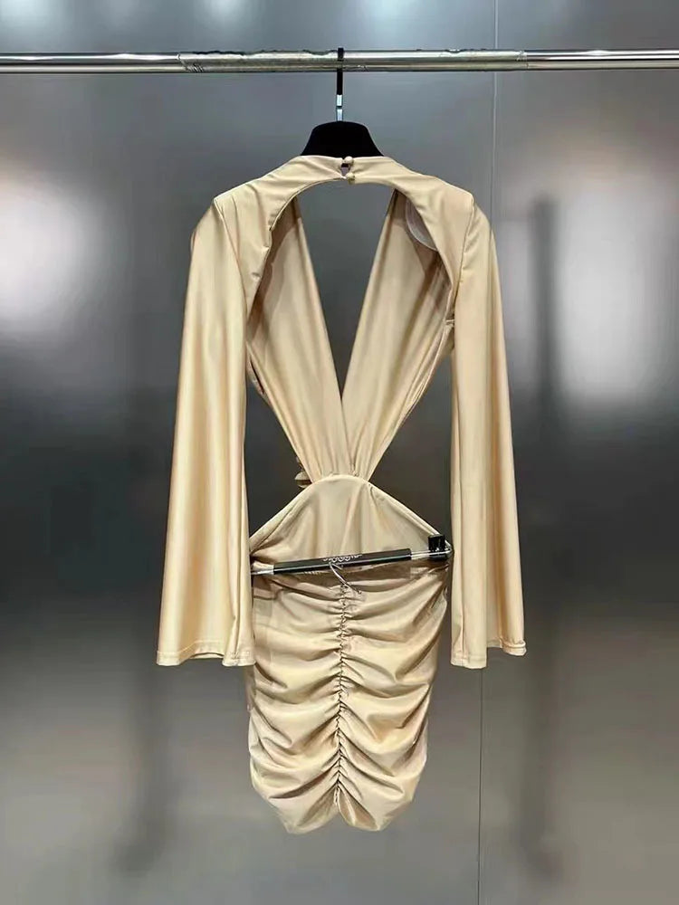 DEAT New Items Trendy Women's Wrinkled 3D Flower Chest Pad Dress Spring Fashion Long Sleeves V-neck Dresses Female 11XX8774