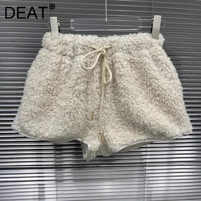 Autumn Winter New Thickened Lamb Wool Shorts For Women Elastic Waist Drawstring Design A-line Hot Pants 11A07633