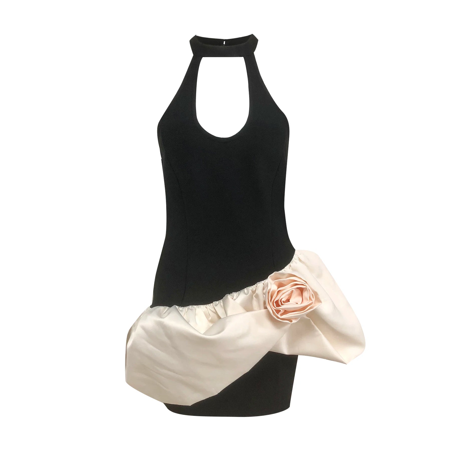 Glamorous Black and White Halter Mini Dress with Floral Ruffle Party Evening Gown AS PIC