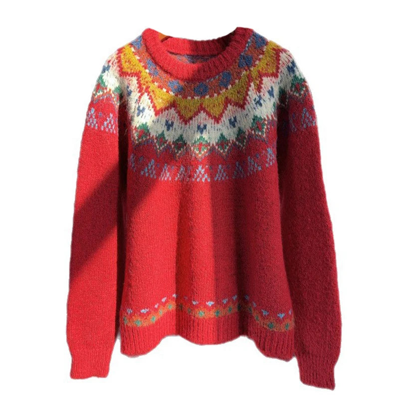 Autumn Winter New Fashion Christmas Red Sweater For Women Loose Lazy Style Contrast Color Knitted Pullover 11A07873